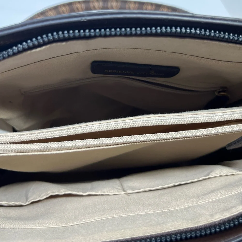 Adrienne Vittadini Brown Vegan Leather and Cream Linen Medium  Handbag